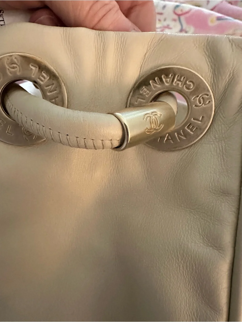 CHANEL Cream Shoulder Bag with White Camellia Motif